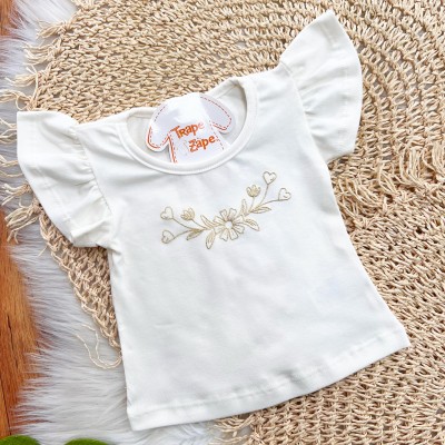 Conj. Blusa Flor com Raminhos e Short Saia Corações - Off White e Salmão